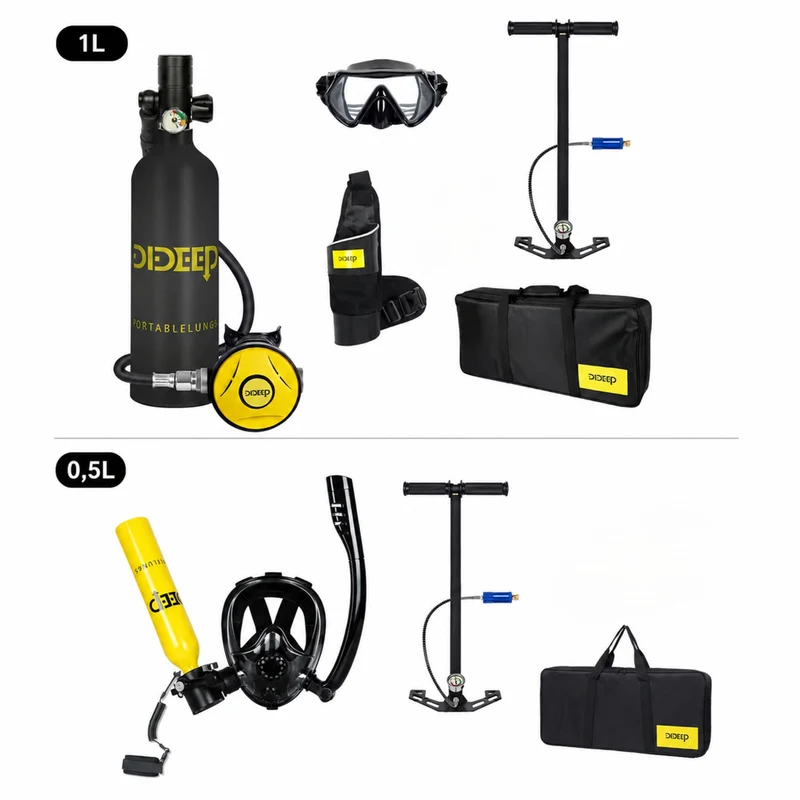 Premium Mini-Tauchgerät 0,5 oder 1L, Tauchflasche mit Tauchmaske und Pumpe, Tauch Zubehör