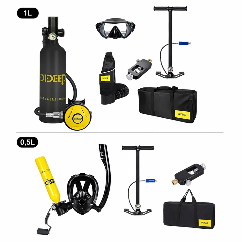 Premium Mini-Tauchgerät 0,5 oder 1L, komplett-Set mit Maske, Tauchflasche, Pumpe und Adapter, Tauch Zubehör