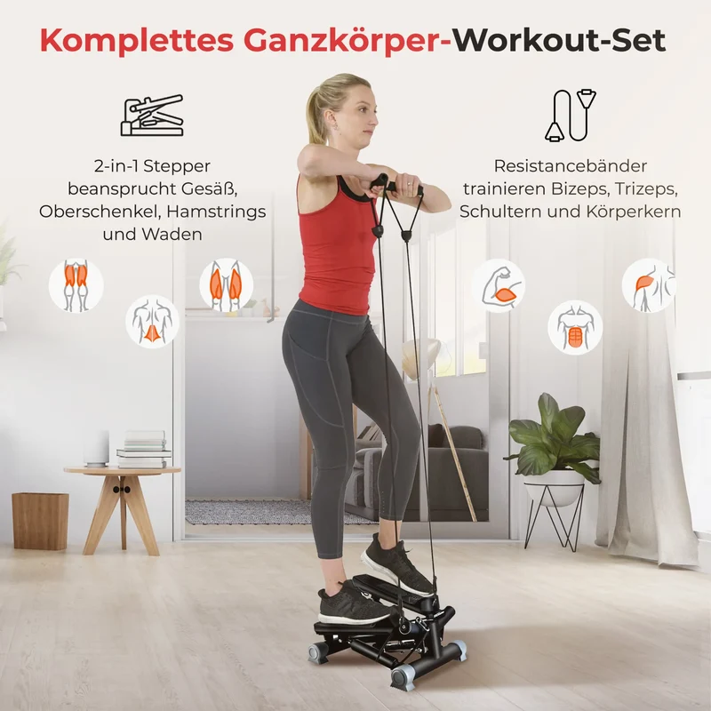 Aerobic Stepper mit Trainingsbändern - LCD-Monitor, gelenkschonend, Trainingsüberwachung, Tempoanzeige