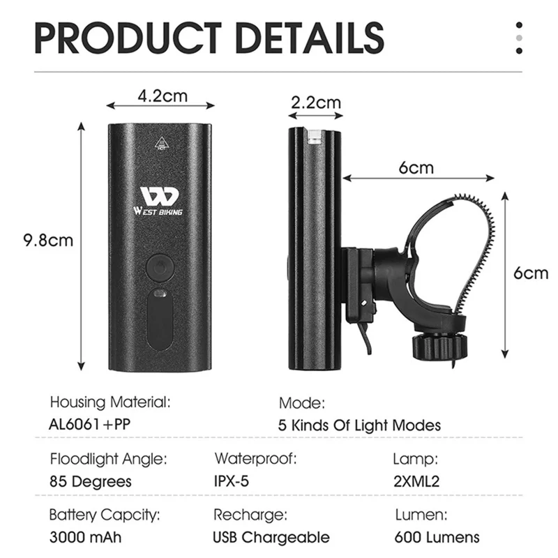 Fahrradlicht aufladbar USB-Frontlicht 600 Lumen, IPX5, 3000 mAh, 5 Lichtmodi