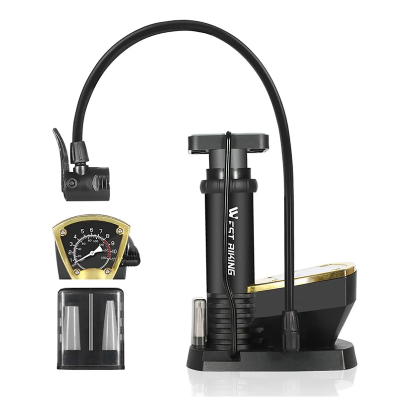 Tragbare Fahrrad Pumpe mit Manometer, bis 9,65 bar / 140 PSI, Multiventil & Ballnadel – Schwarz