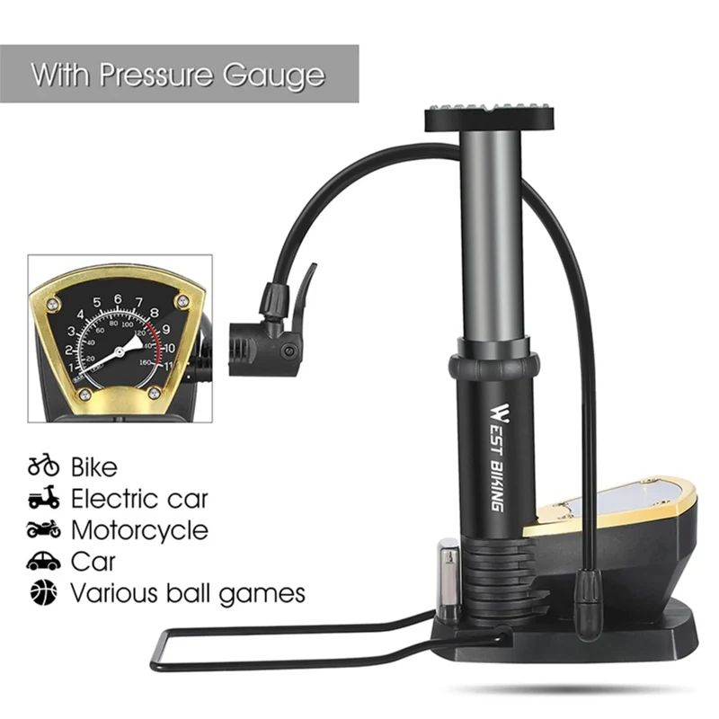 Tragbare Fahrrad Pumpe mit Manometer, bis 9,65 bar / 140 PSI, Multiventil & Ballnadel – Schwarz