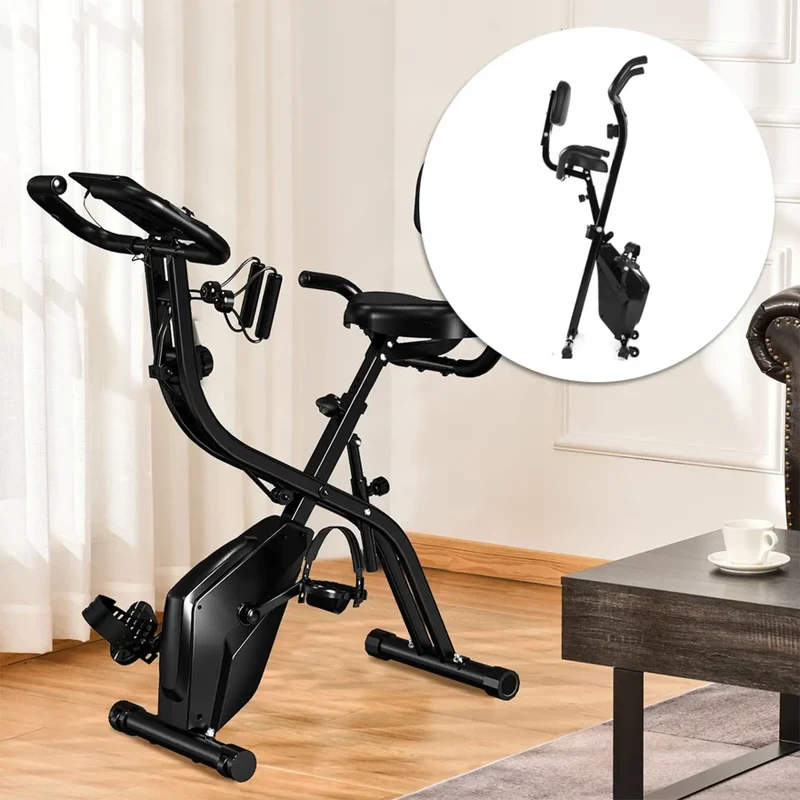 Heimtrainer klappbar mit Rückenlehne & LCD-Display – Fitnessbike mit Trainingsbändern, Ergometer für Zuhause, bis 120 kg belastbar