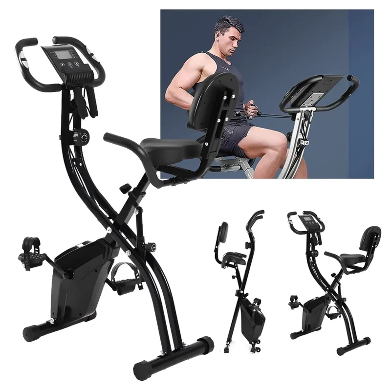 Heimtrainer klappbar mit Rückenlehne & LCD-Display – Fitnessbike mit Trainingsbändern, Ergometer für Zuhause, bis 120 kg belastbar