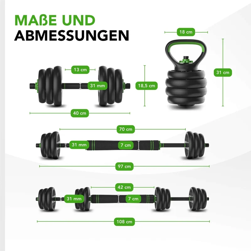 Modulares Vinyl-Hantel-Set für Zuhause, 20 kg oder 28 kg, Langhantel, Kurzhanteln & Kettlebell in einem