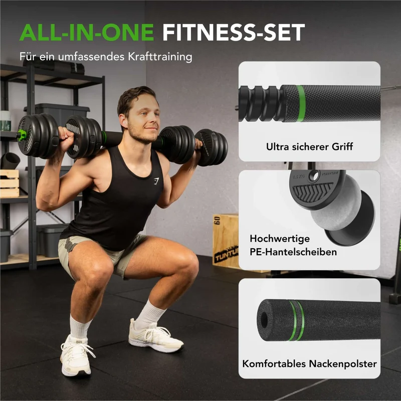 Modulares Vinyl-Hantel-Set für Zuhause, 20 kg oder 28 kg, Langhantel, Kurzhanteln & Kettlebell in einem