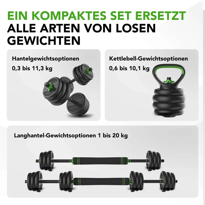Modulares Vinyl-Hantel-Set für Zuhause, 20 kg oder 28 kg, Langhantel, Kurzhanteln & Kettlebell in einem