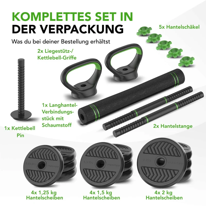 Modulares Vinyl-Hantel-Set für Zuhause, 20 kg oder 28 kg, Langhantel, Kurzhanteln & Kettlebell in einem