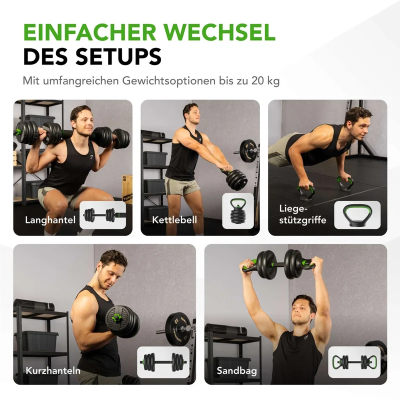 Modulares Vinyl-Hantel-Set für Zuhause, 20 kg oder 28 kg, Langhantel, Kurzhanteln & Kettlebell in einem