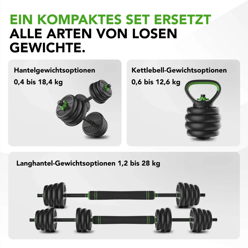 Modulares Vinyl-Hantel-Set für Zuhause, 20 kg oder 28 kg, Langhantel, Kurzhanteln & Kettlebell in einem