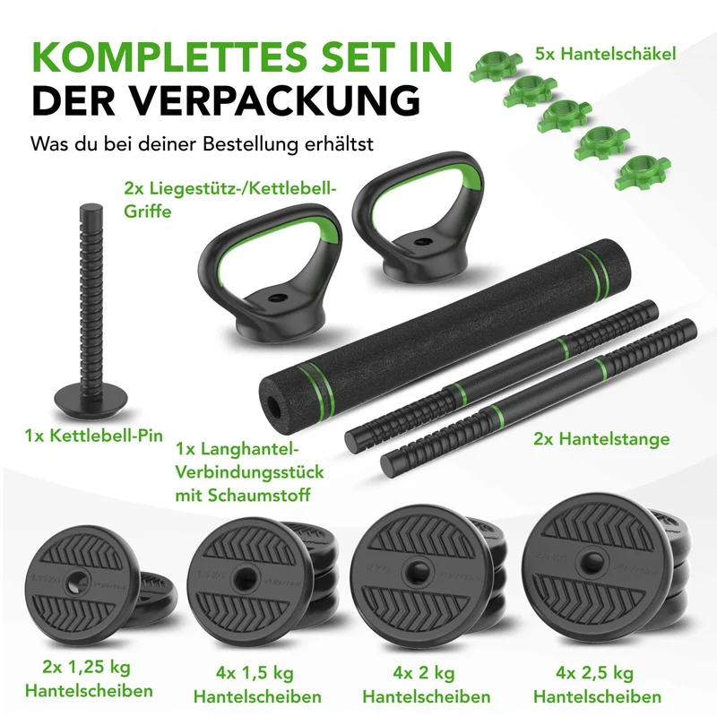 Modulares Vinyl-Hantel-Set für Zuhause, 20 kg oder 28 kg, Langhantel, Kurzhanteln & Kettlebell in einem