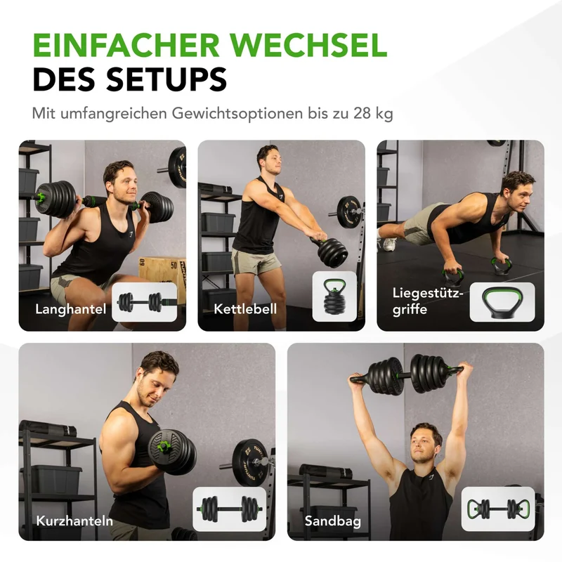 Modulares Vinyl-Hantel-Set für Zuhause, 20 kg oder 28 kg, Langhantel, Kurzhanteln & Kettlebell in einem