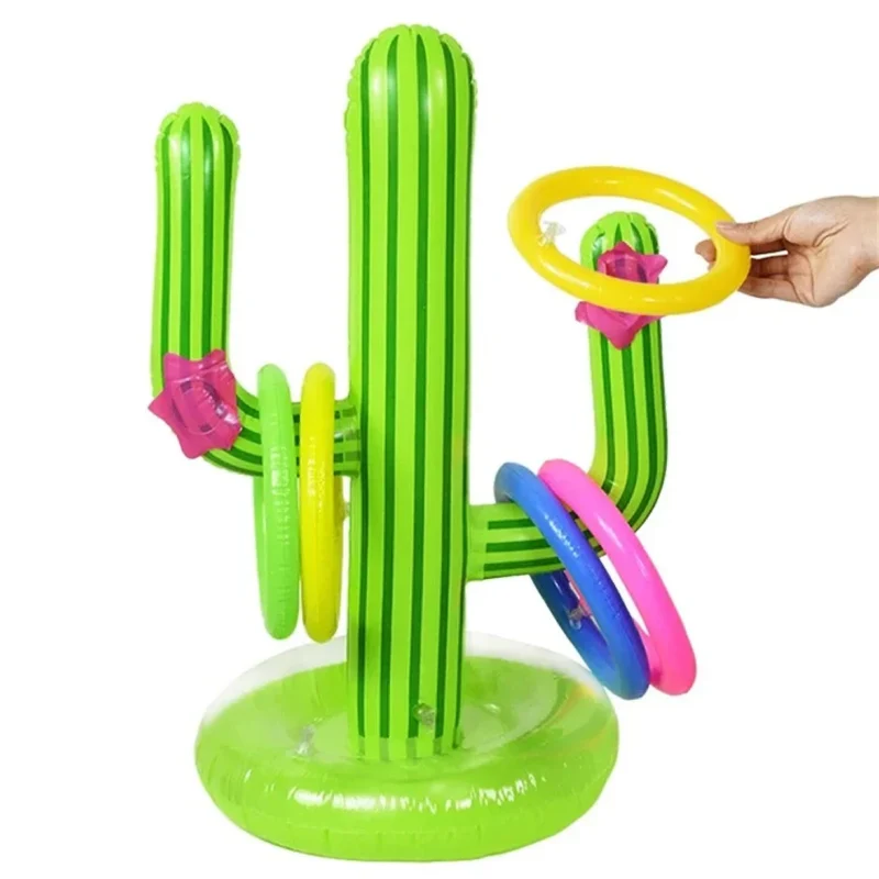 Aufblasbarer Kaktus mit 4 bunten Ringen, Outdoor & Pool Wurfspiel, lustiges Sommerspiel für Pool, Garten und Strand