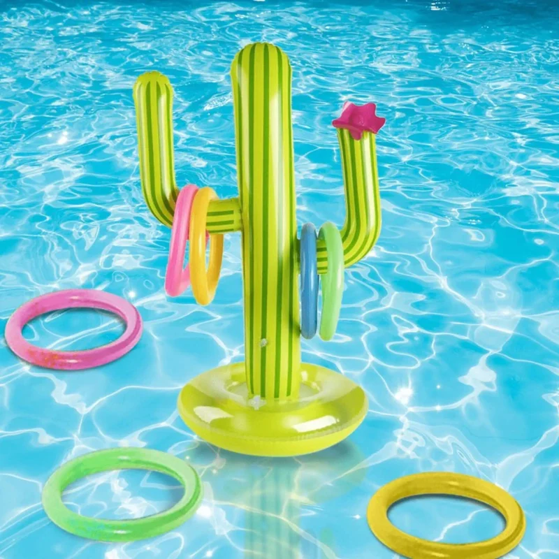 Aufblasbarer Kaktus mit 4 bunten Ringen, Outdoor & Pool Wurfspiel, lustiges Sommerspiel für Pool, Garten und Strand