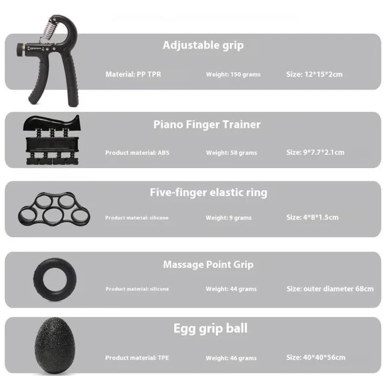 Handtrainer Set 5-teilig, verstellbarer Grifftrainer, Fingertrainer & Anti-Stress-Ball, für Handtraining, Reha, Büro, Sport & Alltag