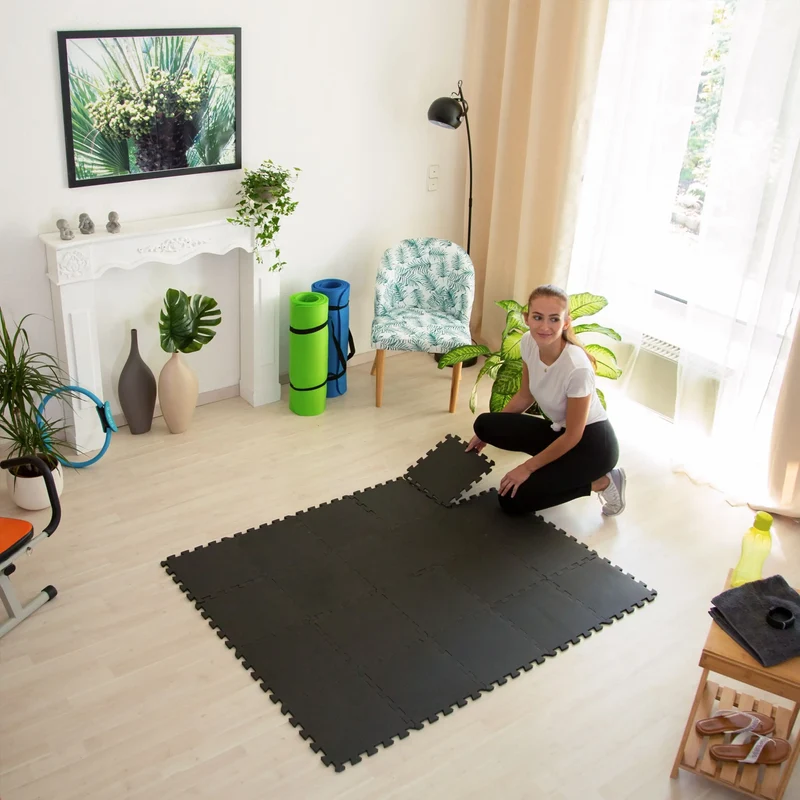 Puzzlematten, Rutschfeste Bodenmatten in Schwarz oder Holzoptik-Braun für Fitness, Home Gym und Spielbereich, 30x30 cm, Geräuschdämpfend, wasserabweisend