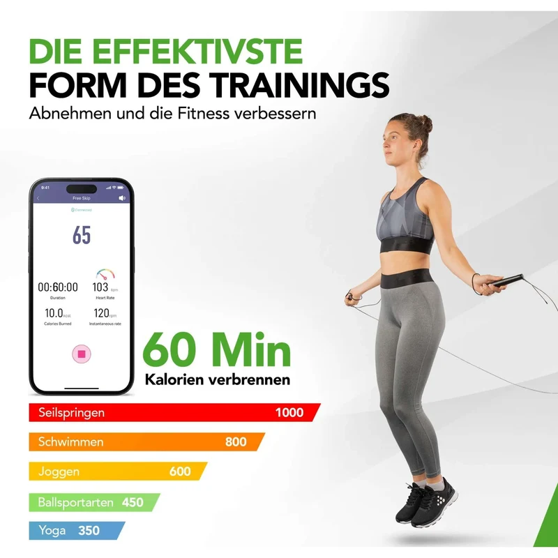 Springseil mit LCD, Bluetooth und App, 4 Modi, verstellbar, Smart Jump Rope, HIIT Training