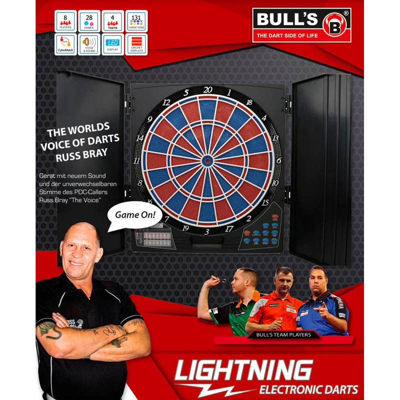 Elektronisches Dartboard im Premium-Kabinett, Turniergröße, Originalstimme RUSS BRAY & 28 Spiele