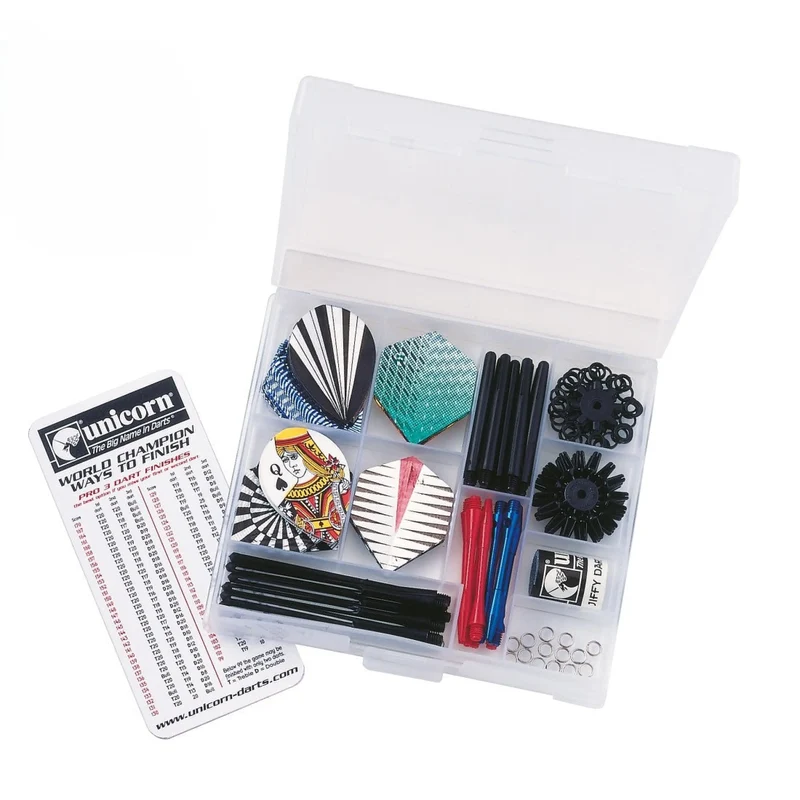 Darts Zubehör Set Profi – Dart Tune-Up Kit mit Flights, Schäften, O-Ringen, Flightschonern & Spitzenschleifer in Aufbewahrungsbox