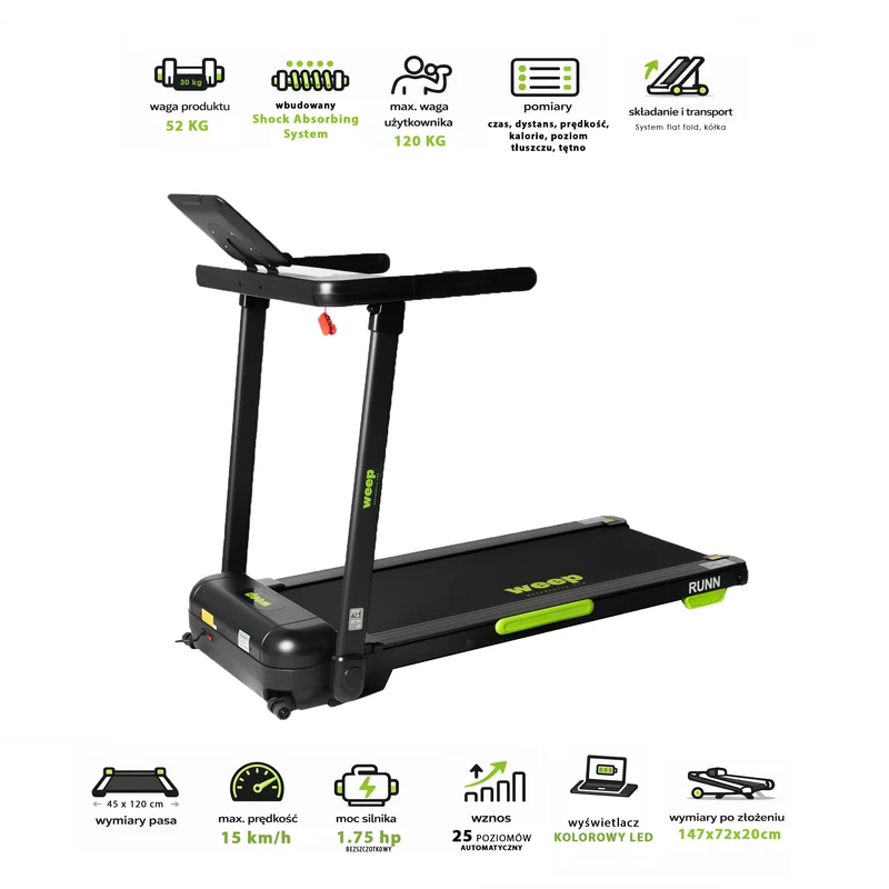 Weep Runn Bieżnia elektryczna Składana z Auto-regulacją Kąta Nachylenia. 15 km/h 120 kg APP