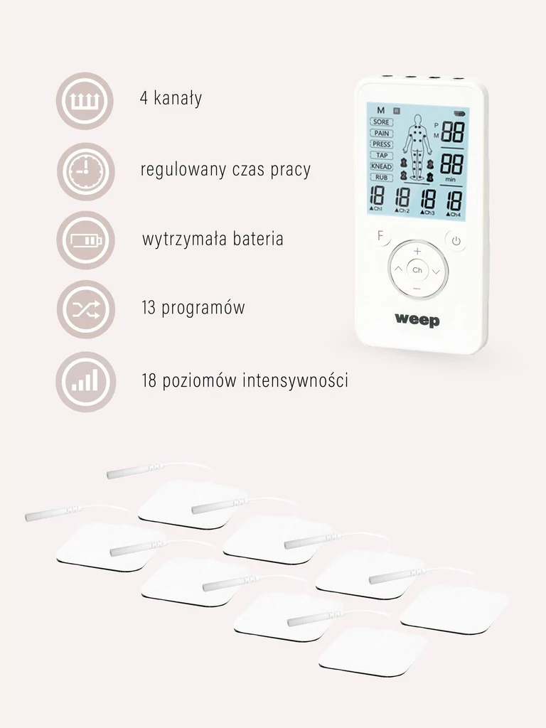 Masażer elektrostymulator mięśni i nerwów WEEP masaż TENS EMS aż 8 ELEKTROD