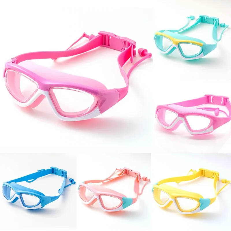 Kinderschwimmbrille Anti-Fog mit Ohrstöpseln, Weitwinkel-Sicht, Für Kinder von 4–14 Jahren