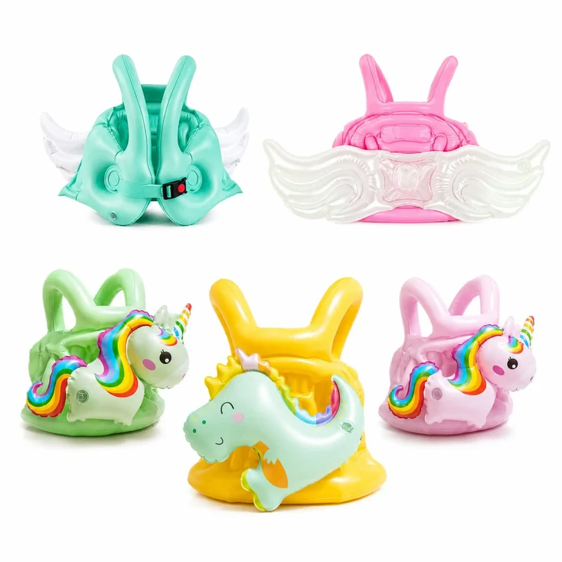 Kinder Schwimmweste mit Engel, Einhorn oder Dino Design, Aufblasbare Schwimmhilfe, Schwimmen lernen für Jungen & Mädchen – Größe M/L in Rosa, Grün & Gelb
