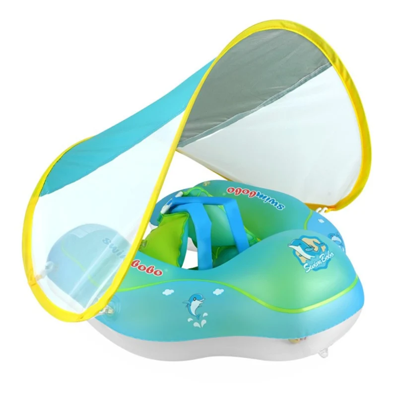 Baby Schwimmring mit Sonnenschutz – Aufblasbarer Schwimmtrainer mit Sicherheitsgurt & UV-Schutz