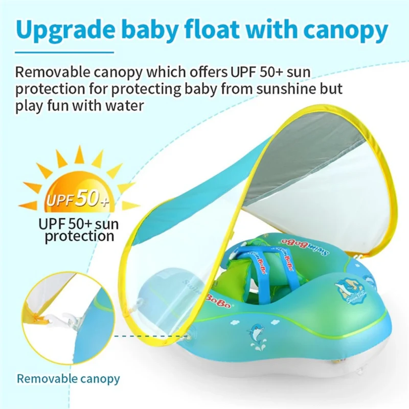 Baby Schwimmring mit Sonnenschutz – Aufblasbarer Schwimmtrainer mit Sicherheitsgurt & UV-Schutz
