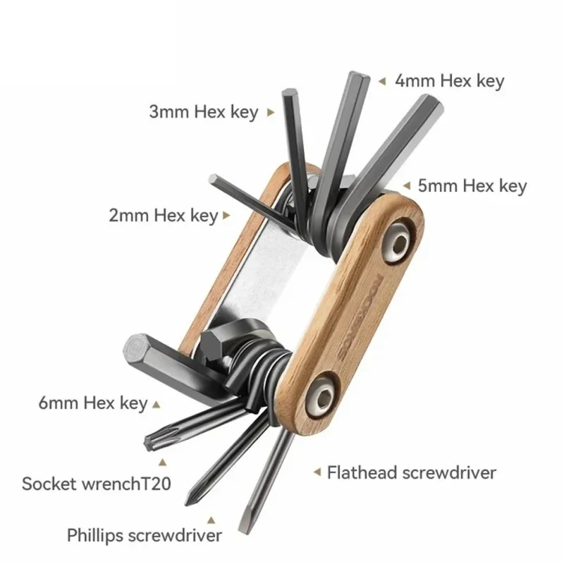 Fahrrad Multitool 8-in-1 aus Edelstahl & Holz, Mini Werkzeugset mit Sechskant, Sternprofil TX & Schraubendreher für MTB & Outdoor