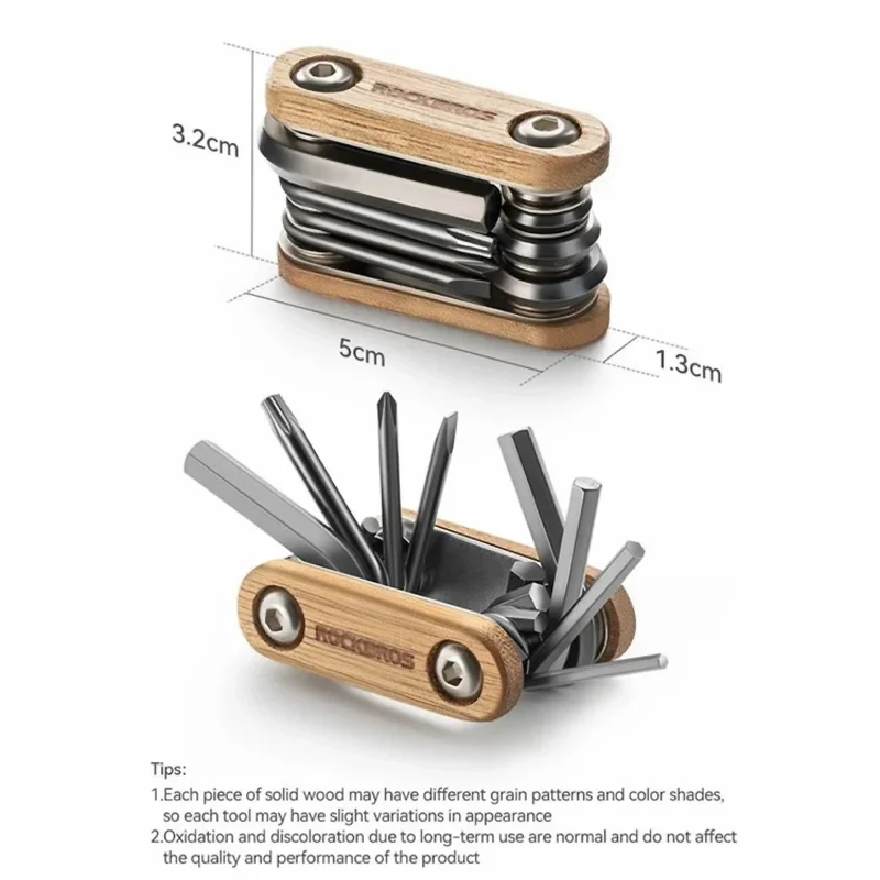 Fahrrad Multitool 8-in-1 aus Edelstahl & Holz, Mini Werkzeugset mit Sechskant, Sternprofil TX & Schraubendreher für MTB & Outdoor