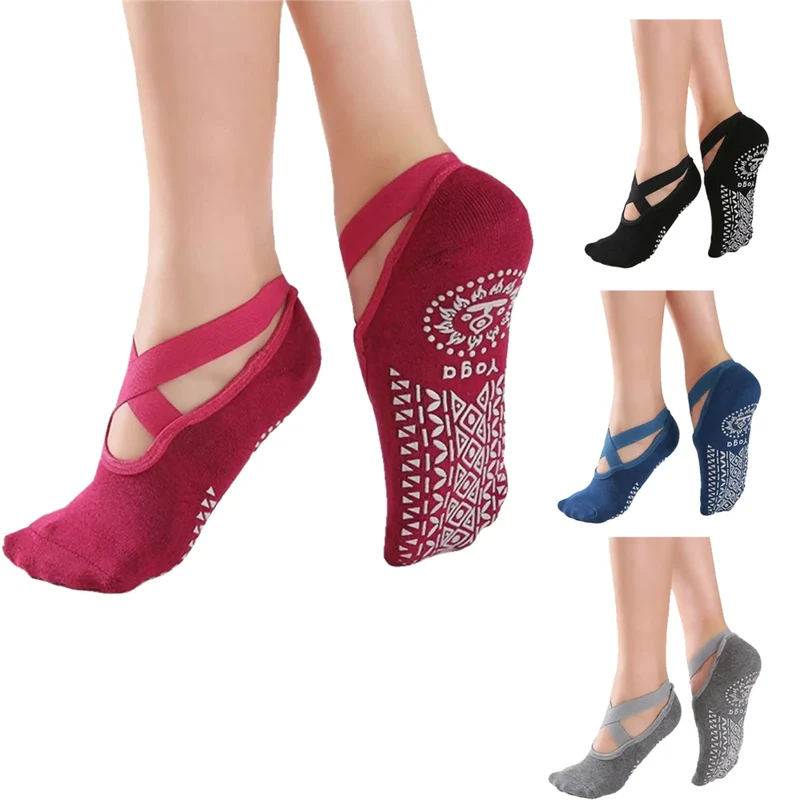 Rutschfeste Yoga-Socken Damen – Criss Cross Pilates Socken mit Anti-Rutsch-Noppen für Ballett, Tanz, Fitness & Trampolin, Atmungsaktive Baumwollsocken Größe 35–39