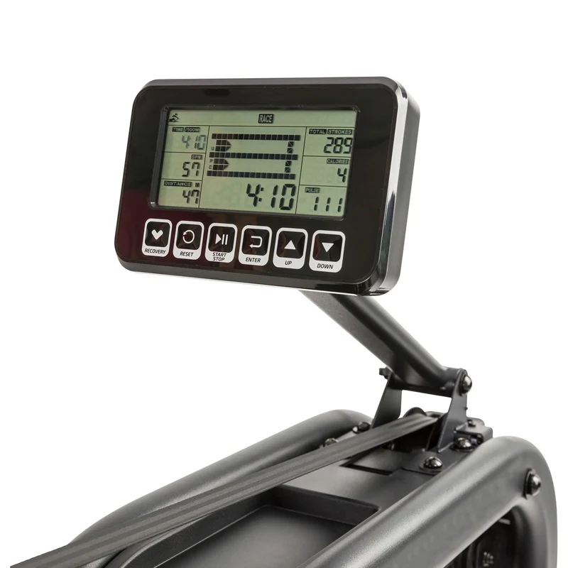 Profi Rudergerät mit LCD-Anzeige – 8-Stufen Wasserwiderstand + 3 Programme inkl. Rennprogramm, analoger Brustkorb Anschluss, klapp- rollbar