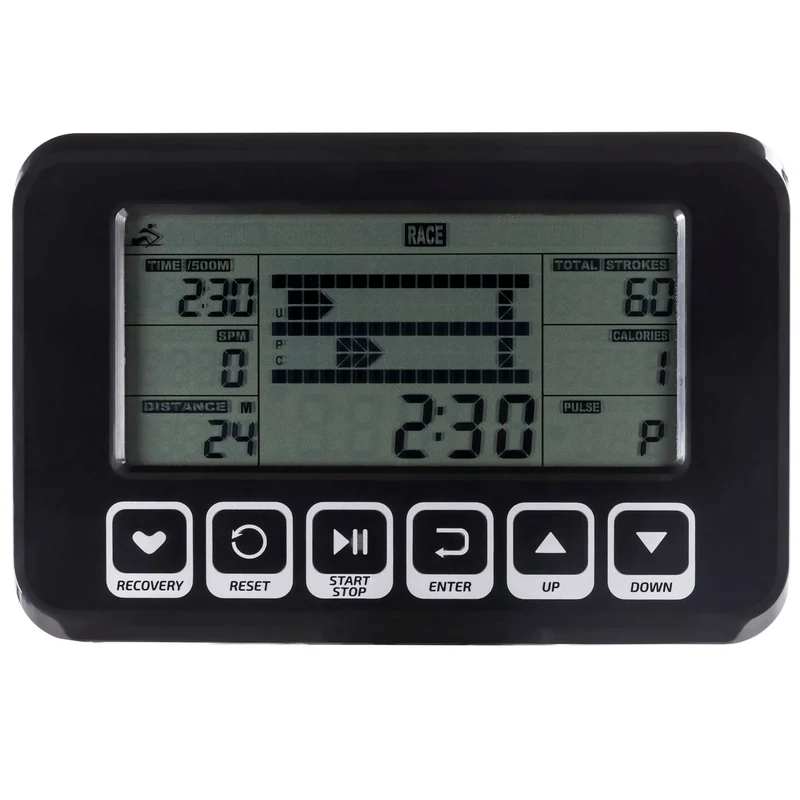 Profi Rudergerät mit LCD-Anzeige – 8-Stufen Wasserwiderstand + 3 Programme inkl. Rennprogramm, analoger Brustkorb Anschluss, klapp- rollbar