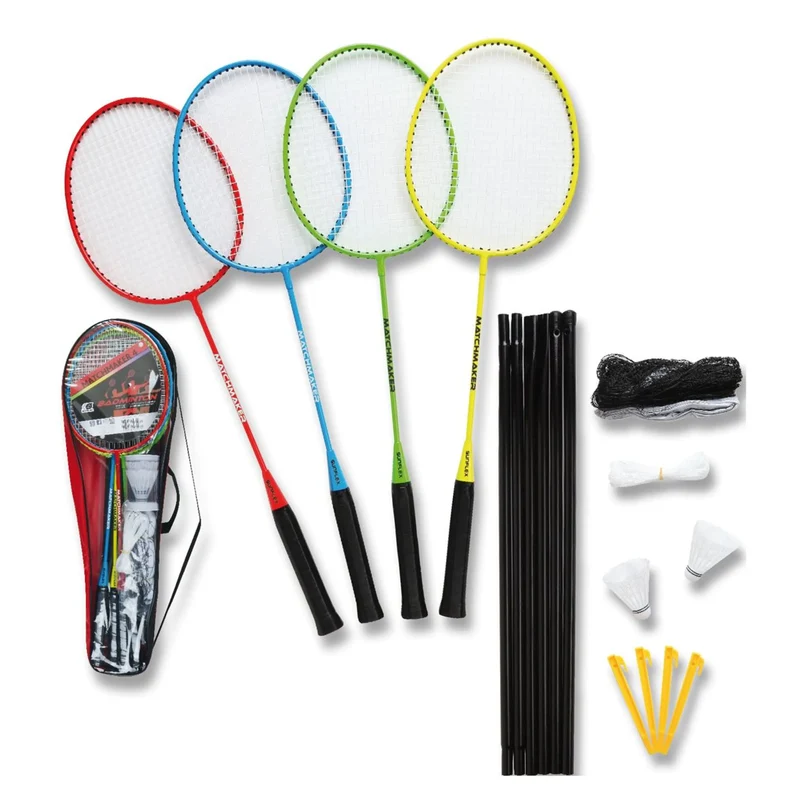 Badmintonset 8tlg. - Schläger, Bälle, Netz mit Pfosten und Tasche, für den In- und Outdoorbereich