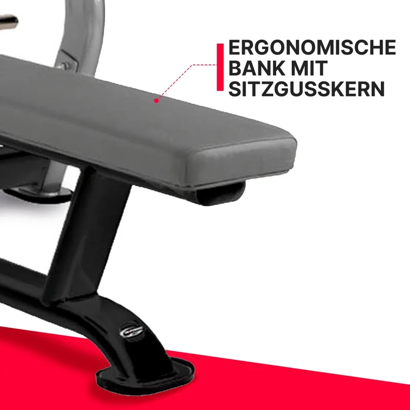 Profi Flachdrückbank - 3 Hantelablagen, ergonomische Sitzbank, Bewegungsfreiheit, optimierter Komfort und Sicherheit