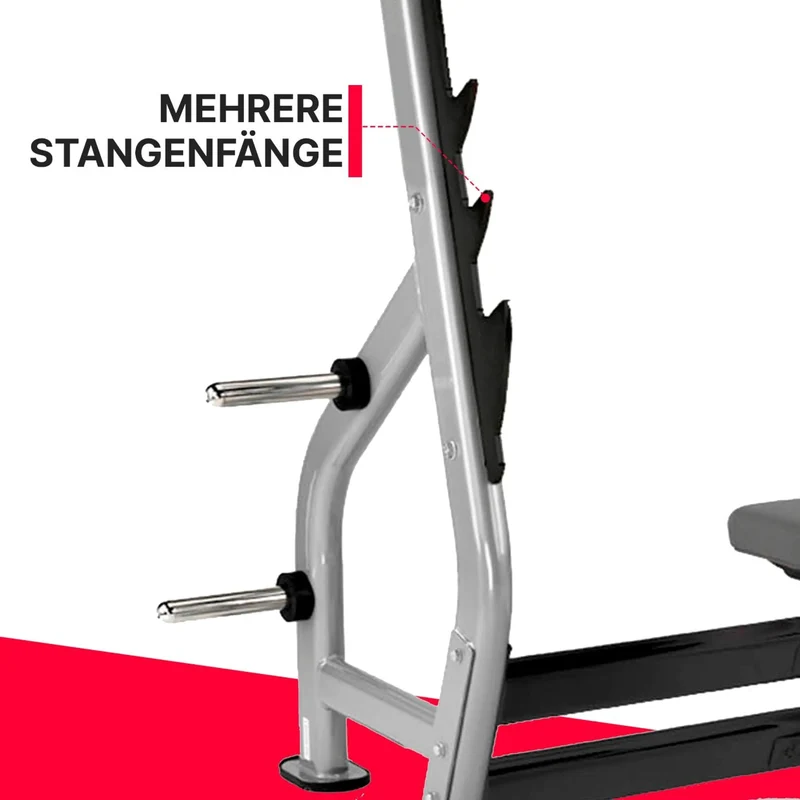 Profi Flachdrückbank - 3 Hantelablagen, ergonomische Sitzbank, Bewegungsfreiheit, optimierter Komfort und Sicherheit