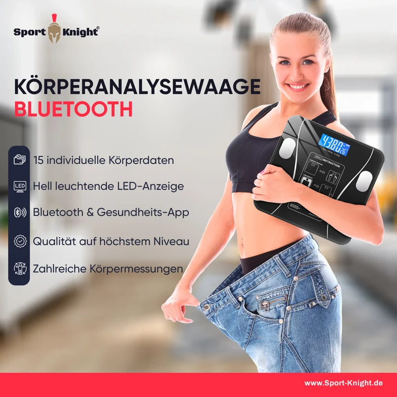 Körperanalysewaage Bluetooth, kostenlose iOS-Android-App, beleuchtetes LCD-Display, Temperaturanzeige