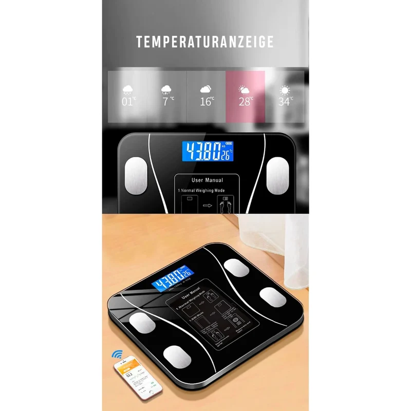 Körperanalysewaage Bluetooth, kostenlose iOS-Android-App, beleuchtetes LCD-Display, Temperaturanzeige