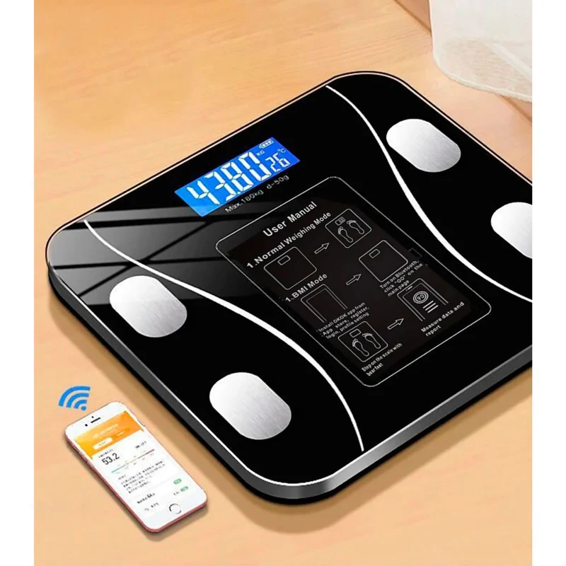 Körperanalysewaage Bluetooth, kostenlose iOS-Android-App, beleuchtetes LCD-Display, Temperaturanzeige