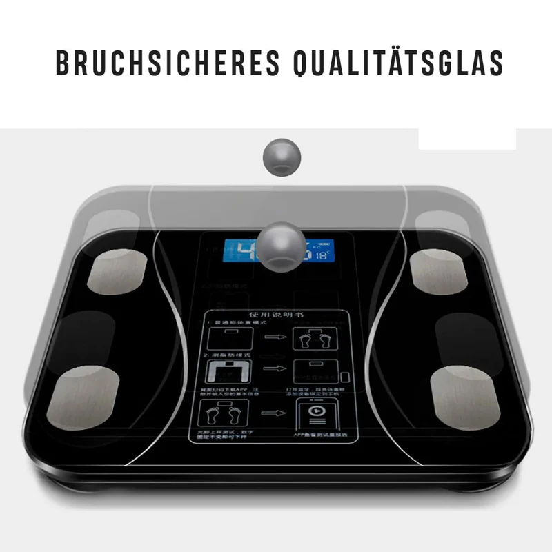 Körperanalysewaage Bluetooth, kostenlose iOS-Android-App, beleuchtetes LCD-Display, Temperaturanzeige