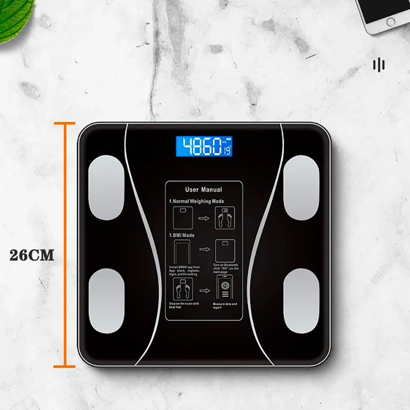 Körperanalysewaage Bluetooth, kostenlose iOS-Android-App, beleuchtetes LCD-Display, Temperaturanzeige