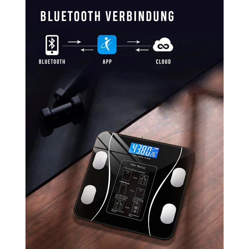Körperanalysewaage Bluetooth, kostenlose iOS-Android-App, beleuchtetes LCD-Display, Temperaturanzeige