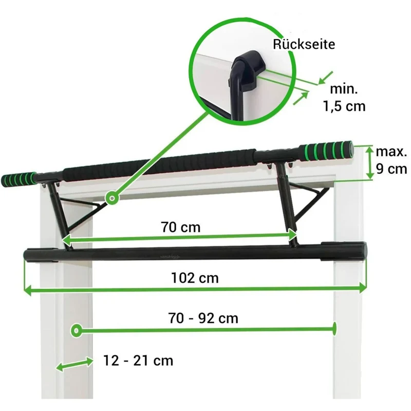 Klimmzugstange - Türrahmen bis 92cm, rutschfeste Griffe, optimierte Höhe (+20 cm), multifunktional