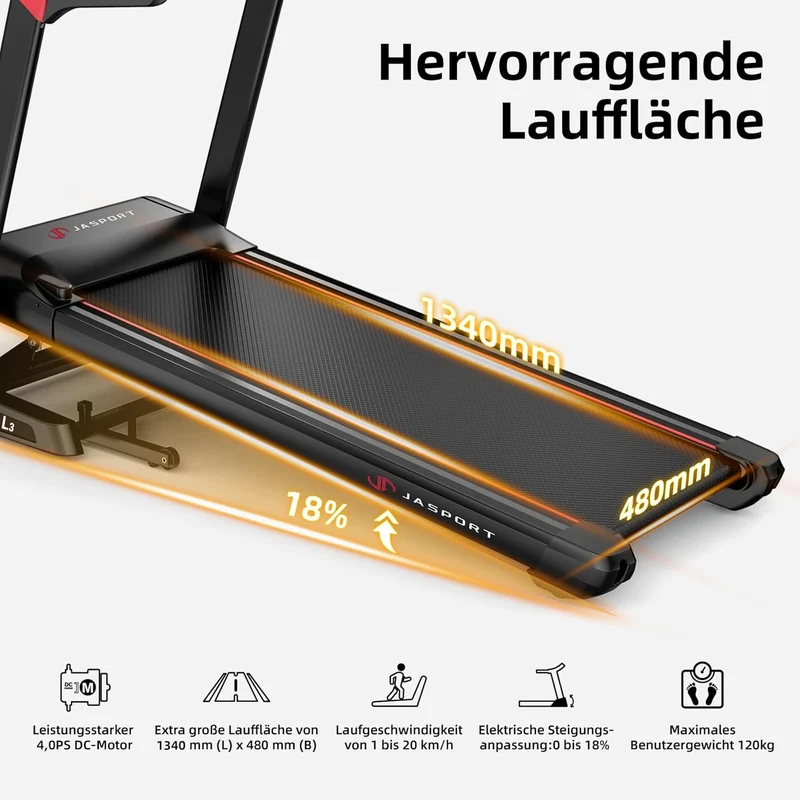 JASPORT L3 Faltbares Heimtrainer-Laufband mit Bluetooth & Steigungsfunktion