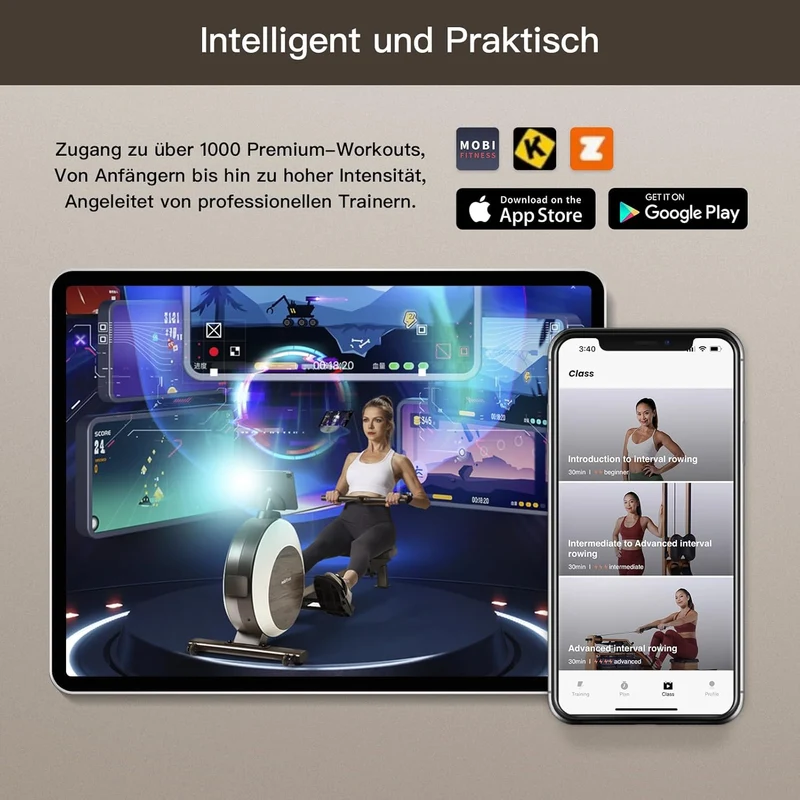 MOBI FITNESS Rudergerät: Magnetisch, leise, 40 Widerstände, LED