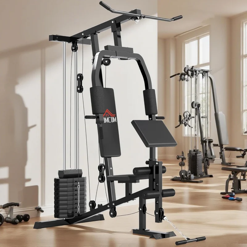 HOMCOM Home Gym Kraftstation – Latzug, Kabelzug, Brustpresse, Beintrainer