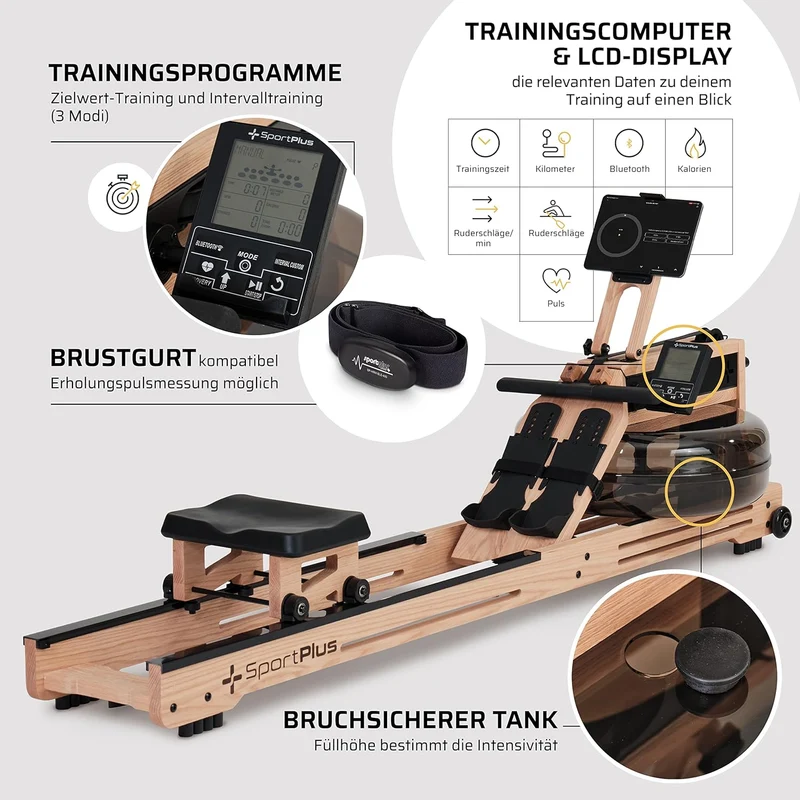 SportPlus Water Rowing Machine Solid Oak Wood Rower App-Compatible