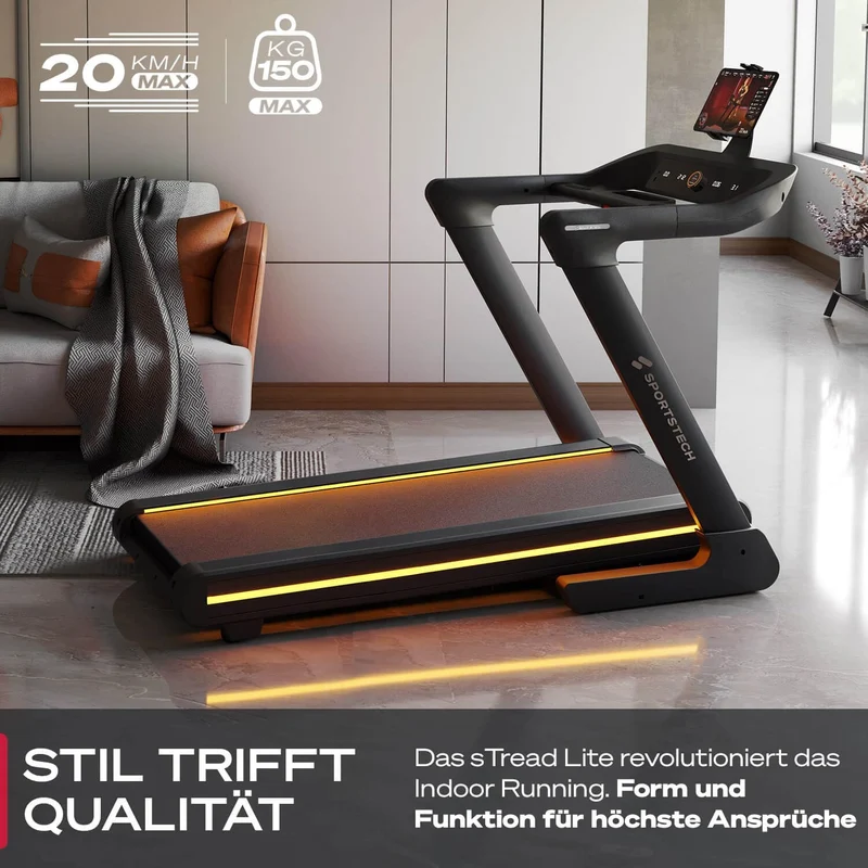 Sportstech sTread Pro/Lite: Klappbares Laufband mit 20 km/h, 17 % Steigung und 7 PS Motor
