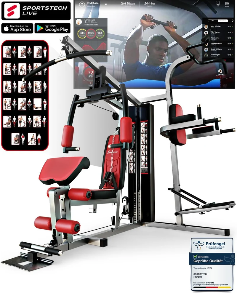 Sportstech HGX200: Multifunktions-Kraftstation mit Stepper, Beinpresse & Powertower